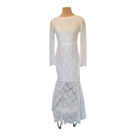 High Low Lace Long Sleeve Beach Wedding Dress Mermaid Bridal Gown Large Whimsy - Picture 1 of 13
